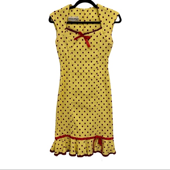 Bettie Page Dresses & Skirts - Bettie Page Yellow Polka Dot Ribbon Trim Dress